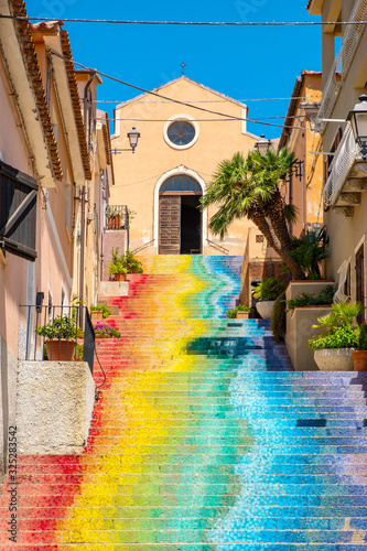 Arzachena, Sardinia; Italy - Famous stairs of Saint Lucia leading to the Church of Saint Lucia - Chiesa di Santa Lucia - in Arzachena, Sassari region of Sardinia photo