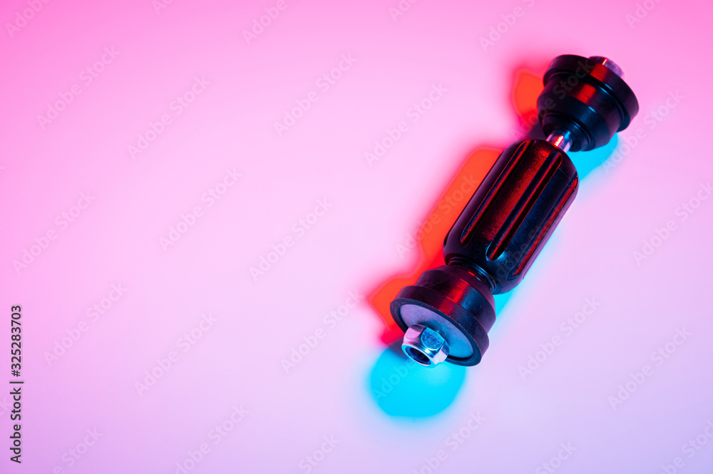 Car front suspension anti-roll bar mount. New tie rod in double red-blue light