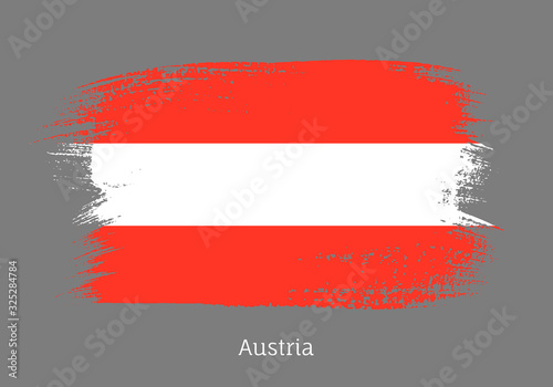 Austria official flag in shape of paintbrush stroke. Austrian national identity symbol. Grunge brush blot object isolated on gray background vector illustration. Austria country patriotic stamp.