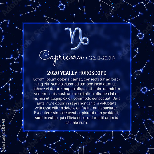 Capricorn astrology horoscope prediction for 2020 year. Luminous zodiac signs on blue background. Capricorn star sign, dates of birth and personality traits. Mystical vector design of yearly horoscope
