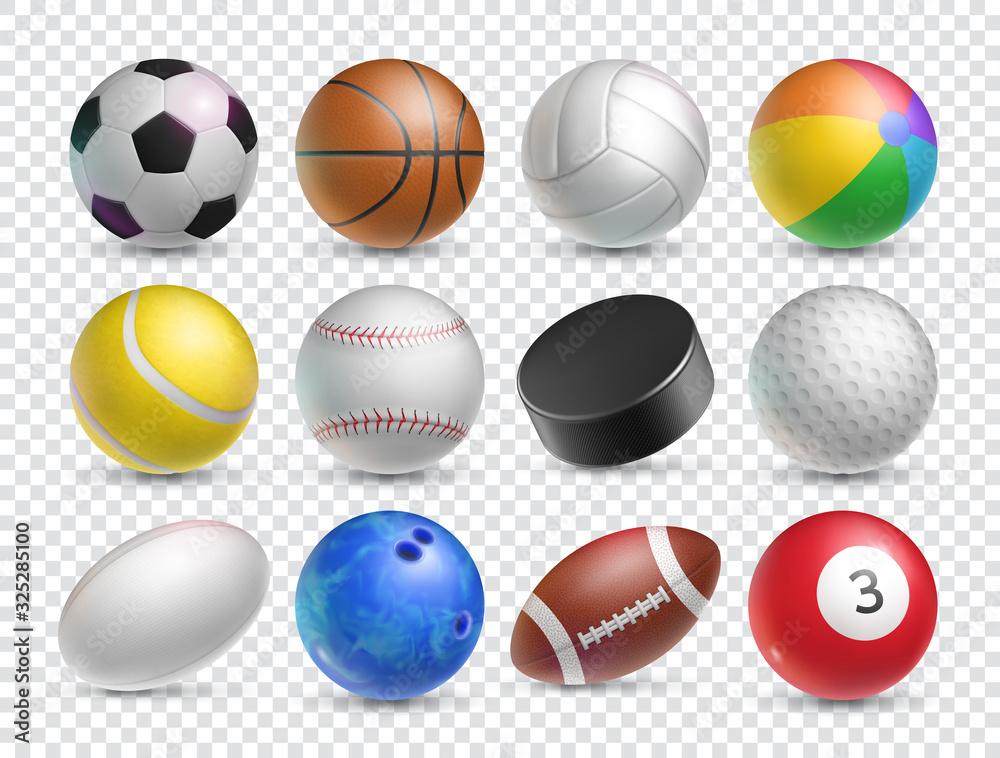 Vecteur Stock Realistic balls set for various sports games. Tennis,  baseball, soccer and ice hockey sports equipment isolated on transparent  background. Sports competition and outdoors activity vector illustration. |  Adobe Stock