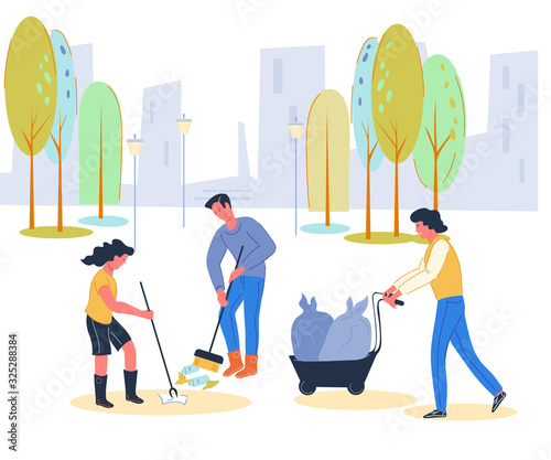People cleaning city street from leaves and picking plastic waste. Ecology and garbage collecting, reducing and segregation. Volunteering and social responsibility. Flat vector illustration.