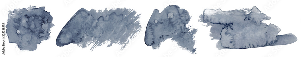 Fototapeta Abstract watercolor dark grey shapes on white background. Color splashing hand drawn vector