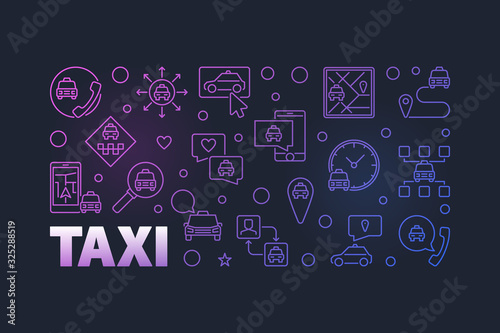 Taxi concept linear colored horizontal banner or illustration on dark background