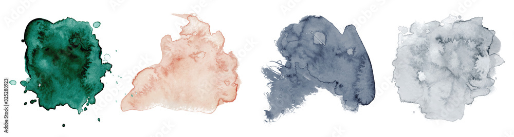 Fototapeta Abstract watercolor green, pink and grey shapes on white background. Color splashing hand drawn vector