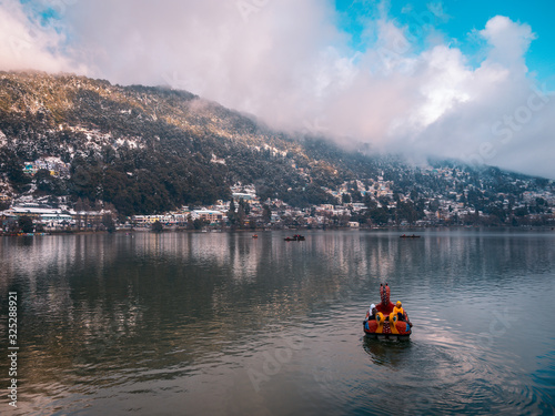 Beautiful scene of Nanital Lake, Mountains during winters in Nainital District of uttrakhand in INDIA