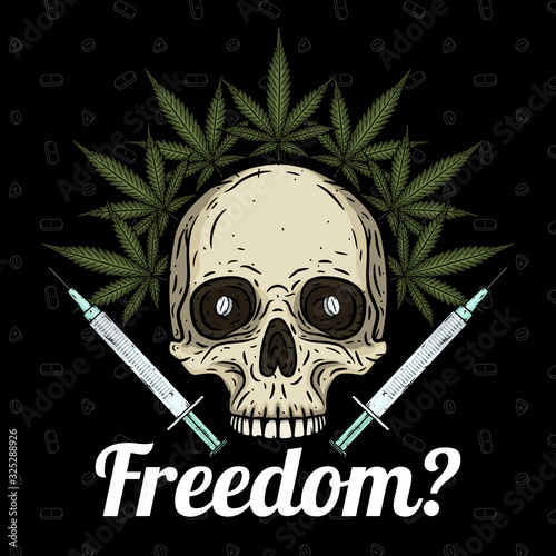 Skull. Skull with bong and marijuana leaves. Rastaman skull with cannabis leafs and spliff.