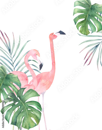Watercolor illustration with couple flamingos and green tropical leaves on wh...