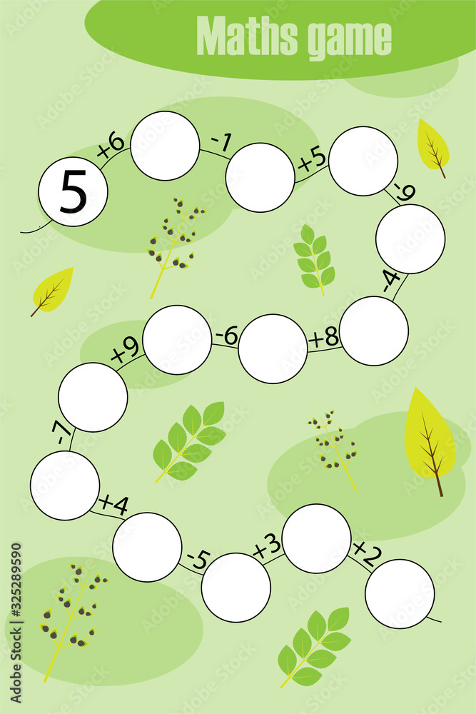 Maths chain game with spring pictures for children, education game for kids, preschool worksheet