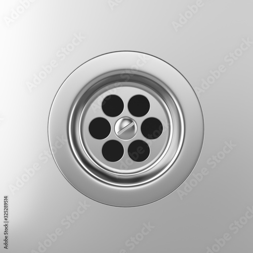 Top view of Metal bath drain hole - Stainless steel bathroom or kitchen sink. 3d rendering photo