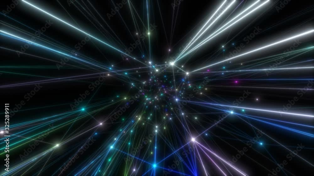 A cluster of luminous colored dots on a black background emits long light rays. A cluster of luminous colored dots on a black background emits long light rays.