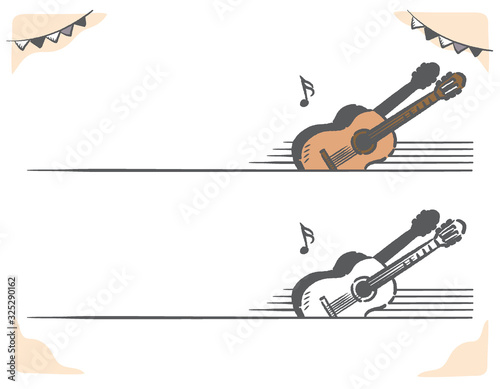 楽器のイラストを使った、音楽がテーマのラベル、バナー素材