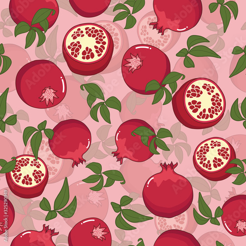 Pomegrante with leaves seamless pattern