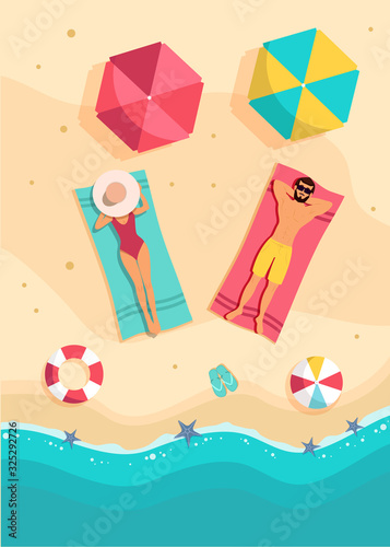Couple sunbathing top view. A man and an beauty woman are sunbathing on a beach. Beach time vector illustration