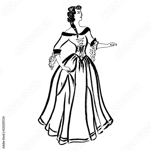 Colorful black and white pattern for coloring. Illustration of a girl dancing an old dance.