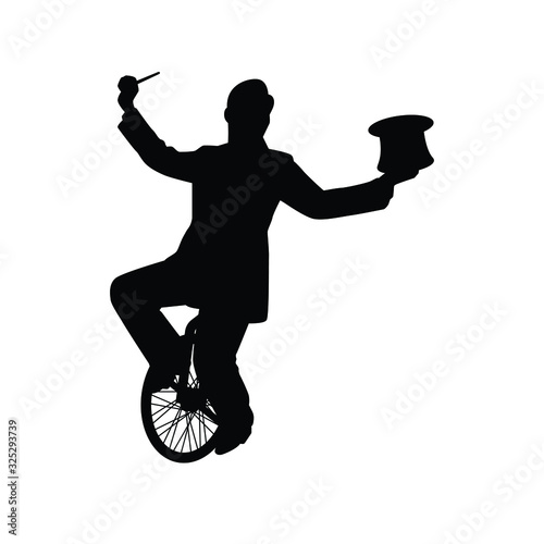 Magician on unicycle silhouette vector