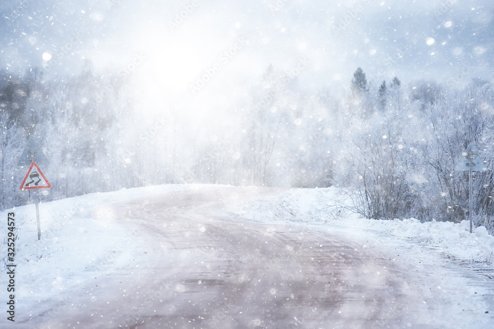 winter road landscape, beautiful view of a snowy road winter road landscape, beautiful view of a snowy road