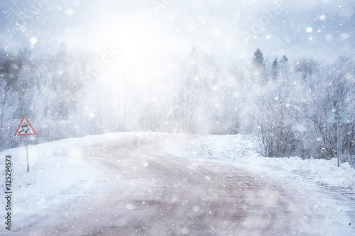 winter road landscape, beautiful view of a snowy road © kichigin19