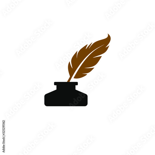 Feather quill pen logo with inkpot icon, classic stationery illustration