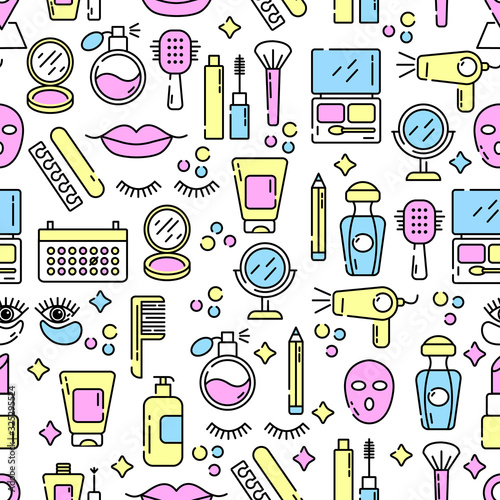 Vector cosmetics and beauty icons in trendy linear style - set beauty salon for women. Seamless pattern.