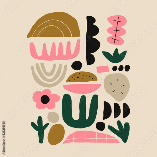 Modern abstract random cutout shapes seamless pattern art. Scandinavian style print. Nordic design for interior and other. Vector EPS