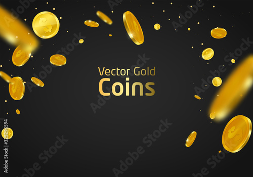 Realistic Gold coins explosion. For your online casino design. Flying gold coins vector illustration. Jackpot or success concept. Illustration of 3d golden coins with dollar sign.