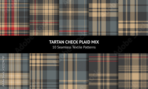 Plaid pattern set. Seamless dark check plaid graphic in grey, sand beige brown, and red for flannel shirt, blanket, throw, upholstery, duvet cover, or other modern fabric design.