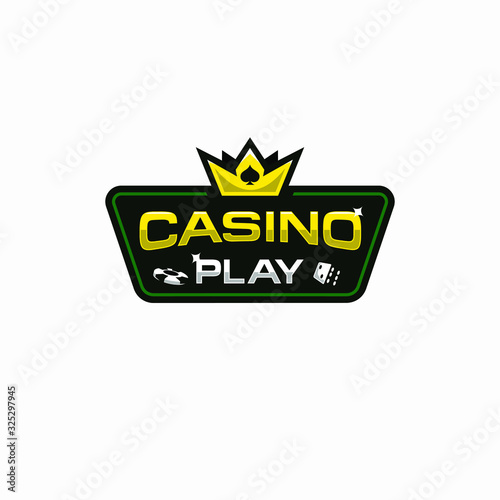  casino poker gambling badge logo with crown, chips and dice icon illustration