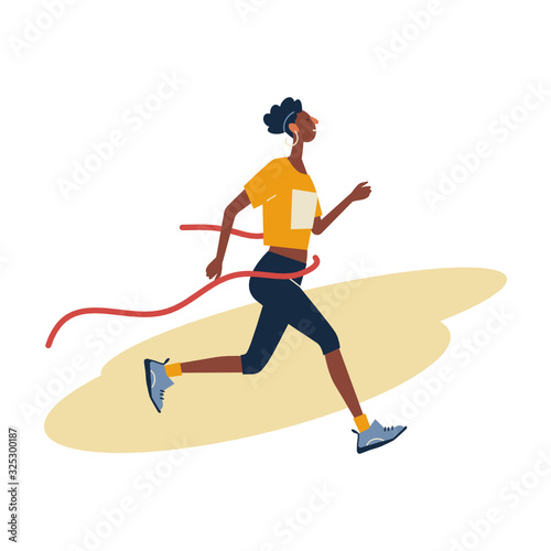 Running woman with Finish ribbon in sportswear at marathon race.  Marathon race, 5k run, sprint. Flat cartoon vector illustration on white background. Creative landing page design template, web banner