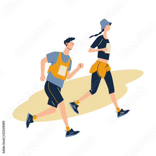 Group of running men and women in sportswear at marathon race.  Marathon race, 5k run, sprint. Flat cartoon vector illustration on white background. Creative landing page design template, web banner.