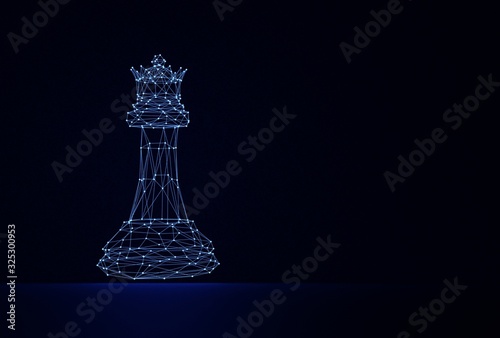 Chess Queen consists of dots and lines that glow blue on a black scene.  Copy space for add text, low poly style, 3D rendering