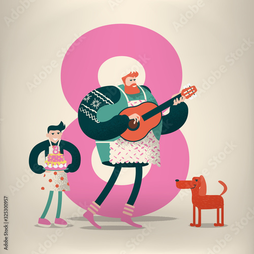 Husband with guitar and son with the cake greetings their mom. Can be used for banners, posters, presentations, postcards and web.