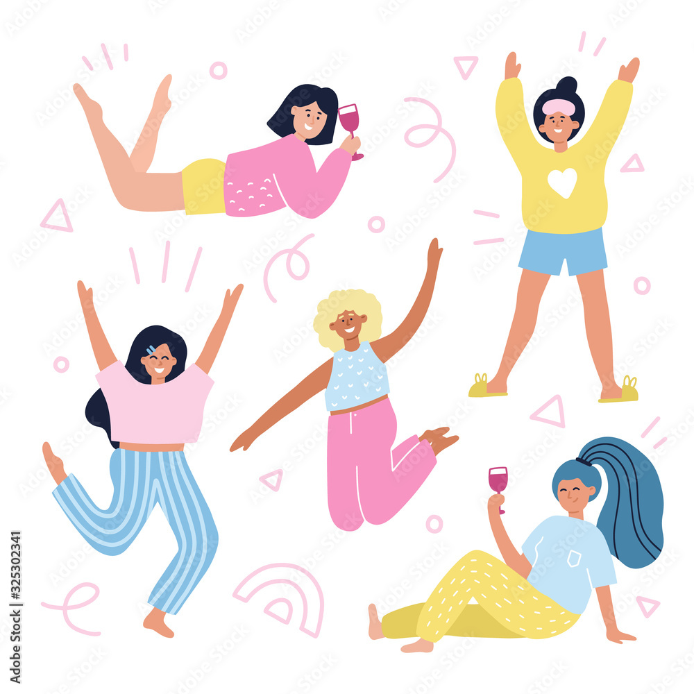 Fototapeta premium Set of different girls in pajamas. Hand drawn cartoon vector illustration with abstract decoration. Sleepover party concept for flyer, invitaion design.