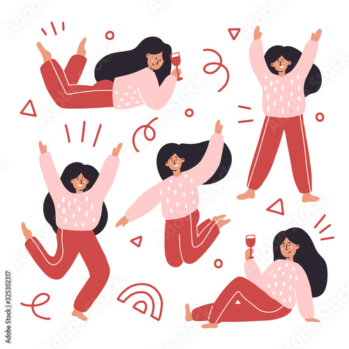 Set with a happy girl in pajama in different poses. Hand drawn cartoon vector illustration with abstract decoration. Sleepover party concept for flyer, invitaion design.