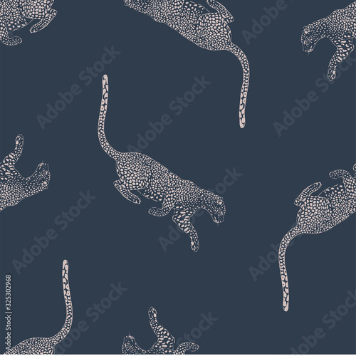 Cheetah hand drawn vector seamless pattern. Wild exotic cat sketch backdrop. Jaguar inky drawing. Animalistic textile print, leopard wallpaper design