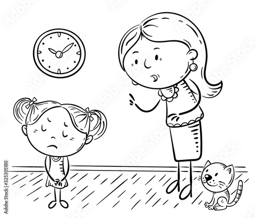 Mother scolding her upset daughter, coloring page