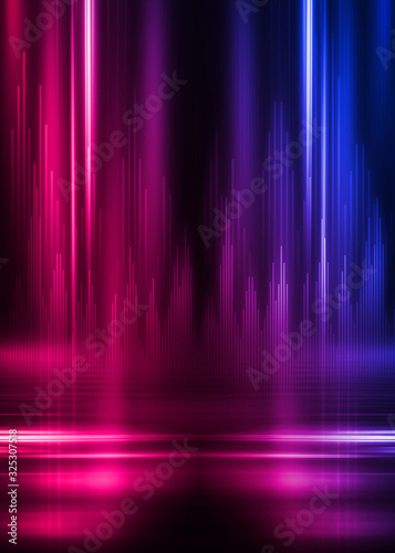 Background of an empty show scene. Ultraviolet abstract background. Geometric Neon Shapes, Equalizer