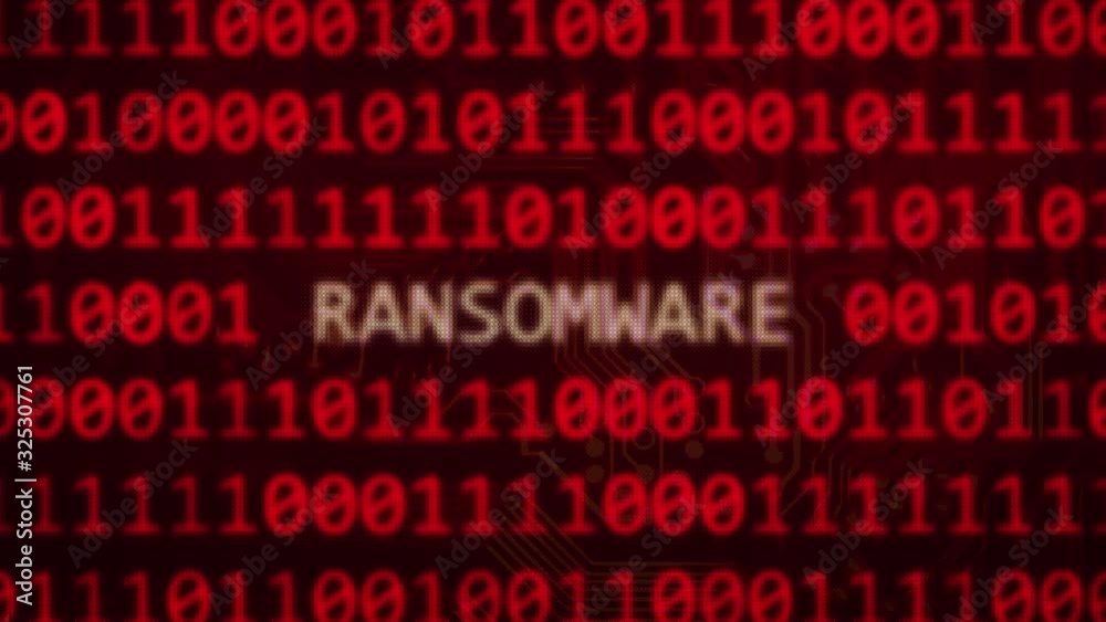 Ransomware text between binary data background red screen with depth of field in 4k