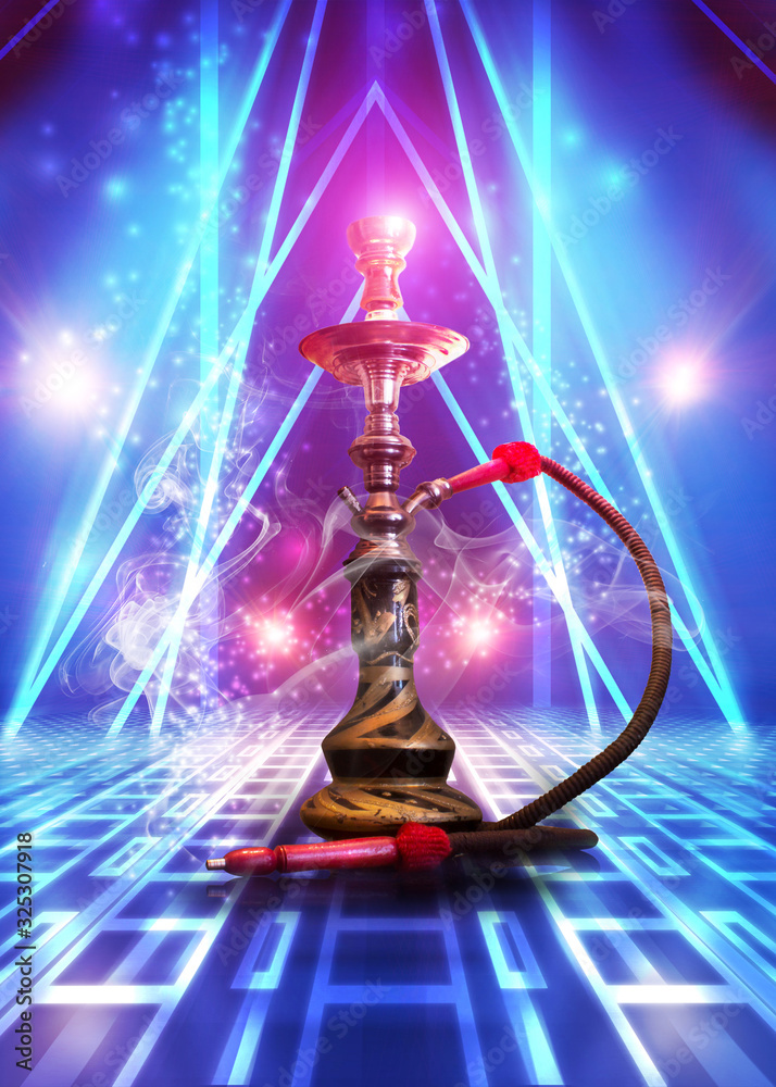 Hookah with smoke on a dark abstract background. Background of party, neon lights, smoke, smog. Hookah with smoke on a dark abstract background. Background of party, neon lights, smoke, smog.