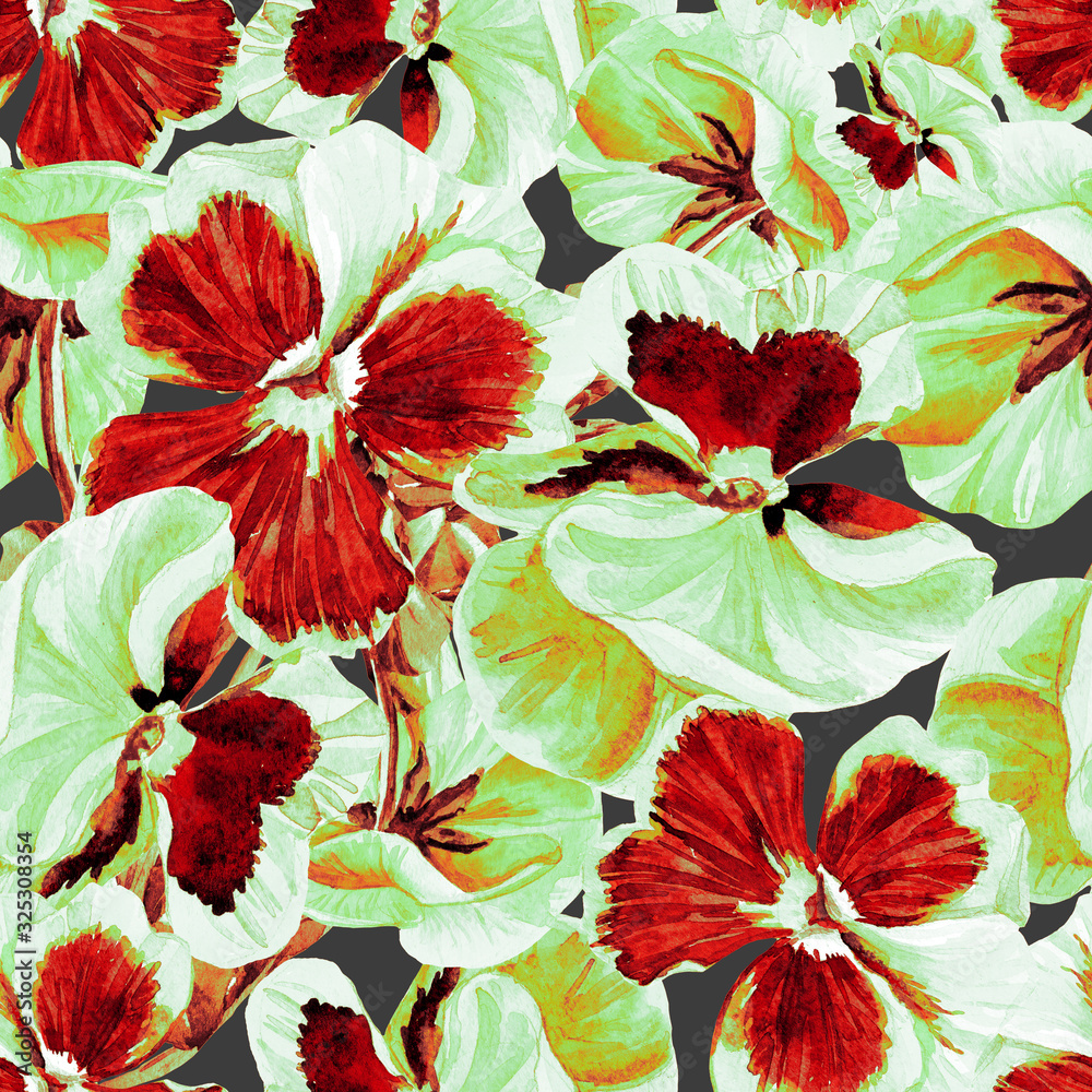Watercolor seamless pattern of flowers pansies