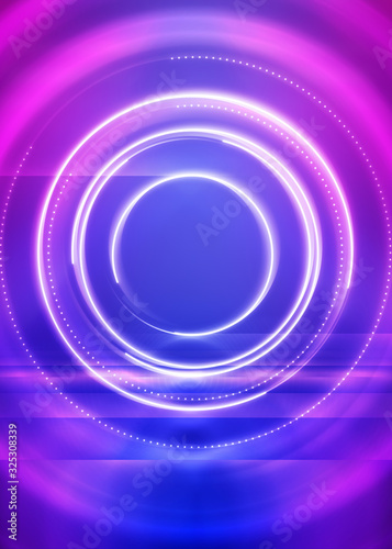 Dark abstract futuristic background. The geometric shape of the cyber circle in the middle of the scene. Neon blue-pink rays of light on a dark background