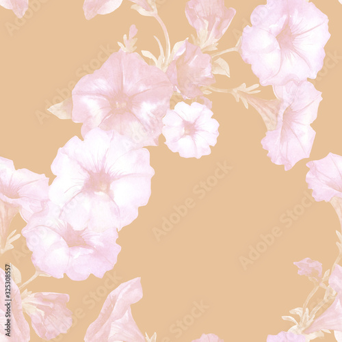 Watercolor seamless pattern of Petunia flowers.
