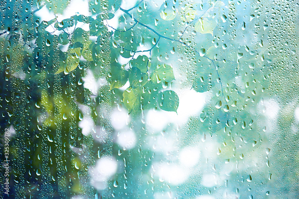 summer rain wet glass / abstract background landscape on a rainy day outside the window blurred background - obrazy, fototapety, plakaty 
