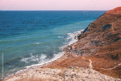 Rocky seashore. Sea nature landscape. View of the sea from the mount. Crimea