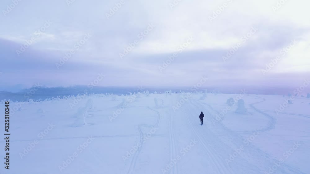Aerial view from above with male walking with snowshoes on top of the mountain covered in the snow covered trees in Lapland, northern Europe, Finland Aerial view from above with male walking with snowshoes on top of the mountain covered in the snow covered trees in Lapland, northern Europe, Finland