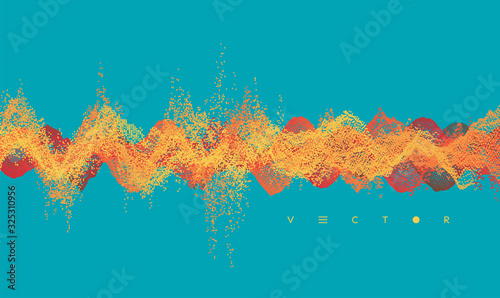 Sound waves. Dynamic effect. Vector illustration with particle. 3D grid surface.