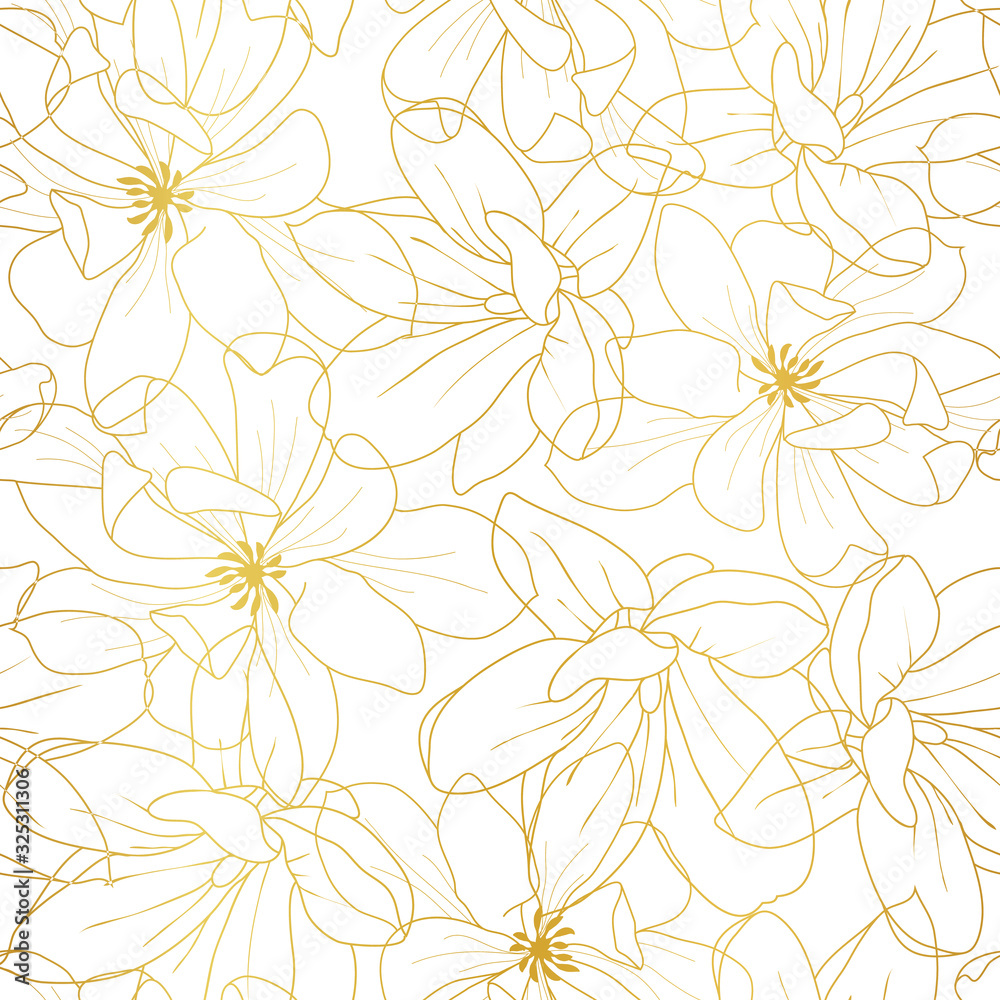 Fototapeta Golden textured magnolia flowers seamless pattern