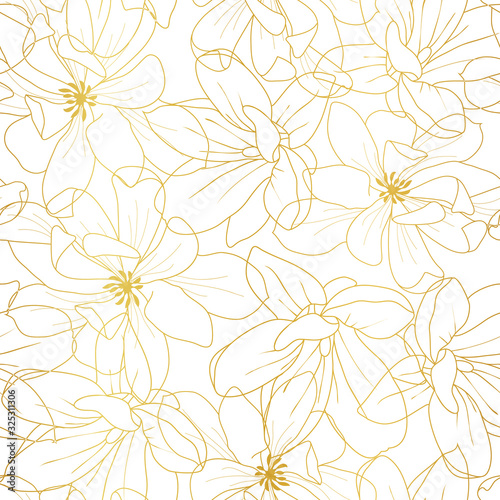 Golden textured magnolia flowers seamless pattern