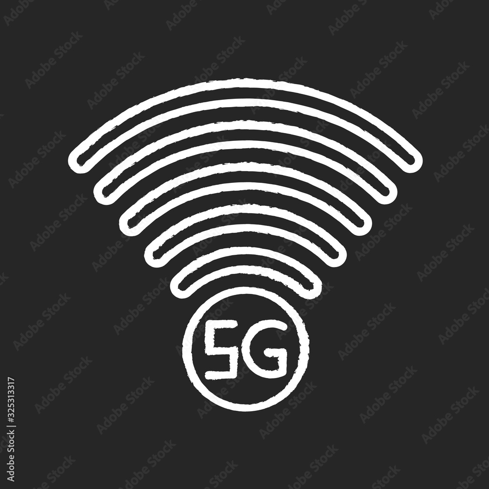 5G signal indicator chalk white icon on black background. Internet connection quality. Mobile cellular network. Wireless technology. Isolated vector chalkboard illustration 5G signal indicator chalk white icon on black background. Internet connection quality. Mobile cellular network. Wireless technology. Isolated vector chalkboard illustration