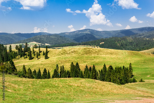 Summer in Pieniny Mountains. View of valley of nature reserve "Biala Woda" and Radziejowej Range in Beskid Sadecki. Beresnik Mountain.